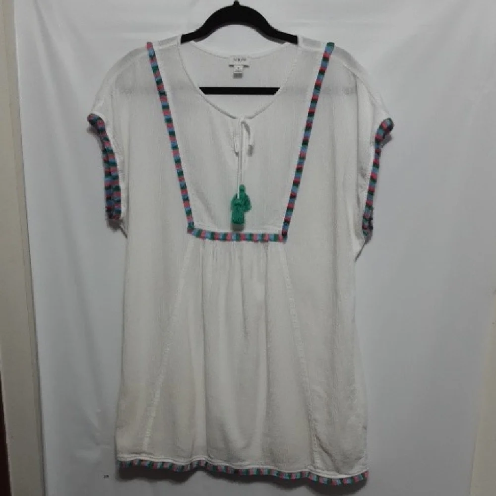 J. Crew White Embroidered Short Sleeve‎ Peasant Top with Multicolor Trim